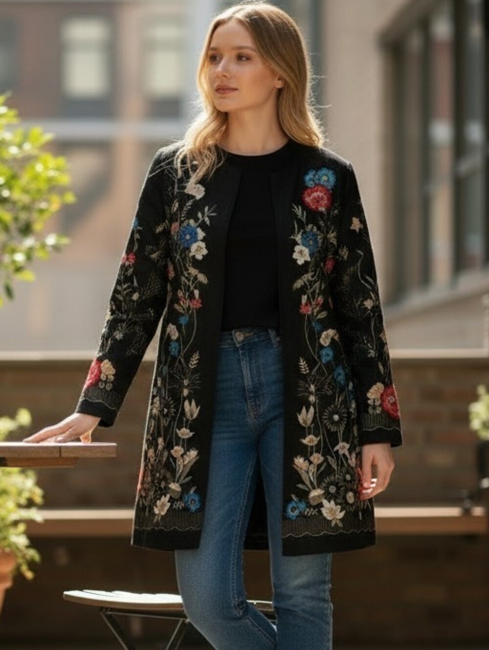 EVC Vintage 90s Indigo Moon Damask Embroidered Open-front Duster Jacket Size M/L
